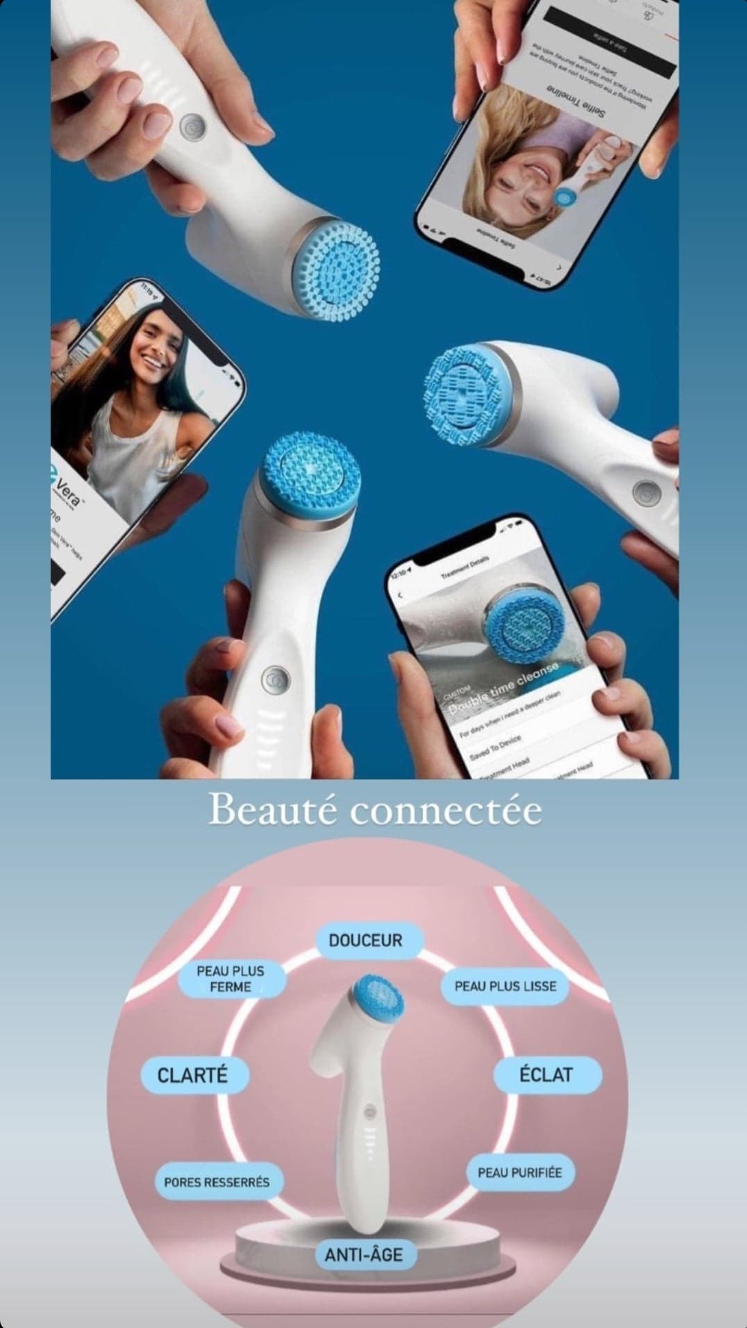 Brosse nettoyante anti-âge aux 7 bienfaits en 2 min connectée dernière génération bleue ou rose gold